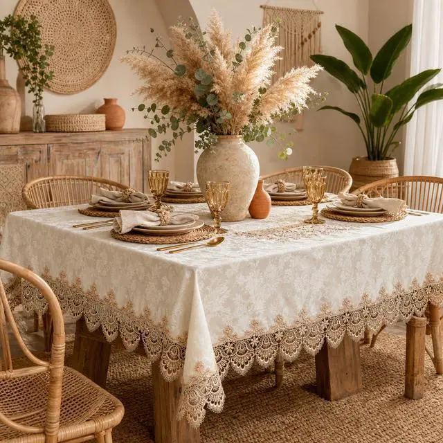Alt view image 4 of 7 - ARTABLE Lace Table Cloth Rectangle Bohemian Style Decor Macrame Tablecloth for Outdoor Farmhouse Rustic Shabby Chic Lace Table Linen Kitchen Party Birthday Picnic (Light Brown, 60 x 120 Inch)