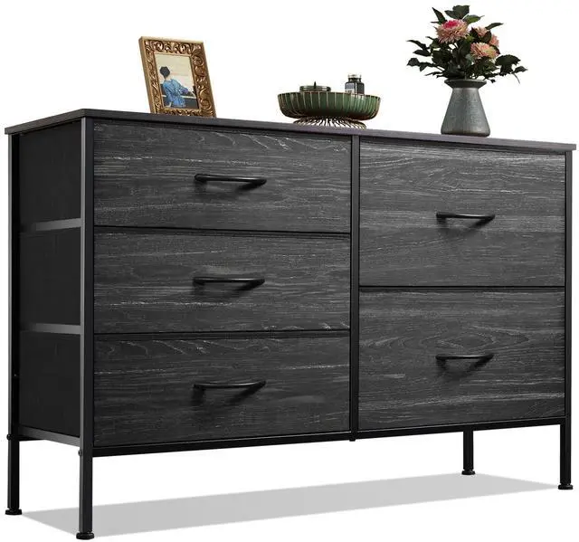 Main image of WLIVE Dresser for Bedroom with 5 Drawers, Wide Dressers with Drawer Organizers, Chest of Drawers, Fabric Dresser for Living Room, Closet, Hallway, Charcoal Black Wood Grain Print
