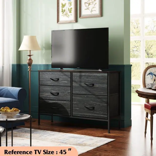 Alt view image 2 of 7 - WLIVE Dresser for Bedroom with 5 Drawers, Wide Dressers with Drawer Organizers, Chest of Drawers, Fabric Dresser for Living Room, Closet, Hallway, Charcoal Black Wood Grain Print
