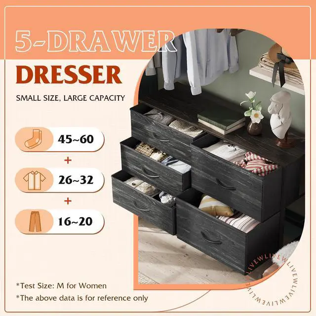 Alt view image 4 of 7 - WLIVE Dresser for Bedroom with 5 Drawers, Wide Dressers with Drawer Organizers, Chest of Drawers, Fabric Dresser for Living Room, Closet, Hallway, Charcoal Black Wood Grain Print