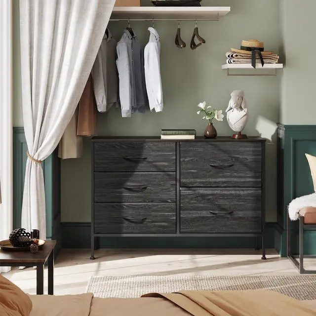 Alt view image 3 of 7 - WLIVE Dresser for Bedroom with 5 Drawers, Wide Dressers with Drawer Organizers, Chest of Drawers, Fabric Dresser for Living Room, Closet, Hallway, Charcoal Black Wood Grain Print