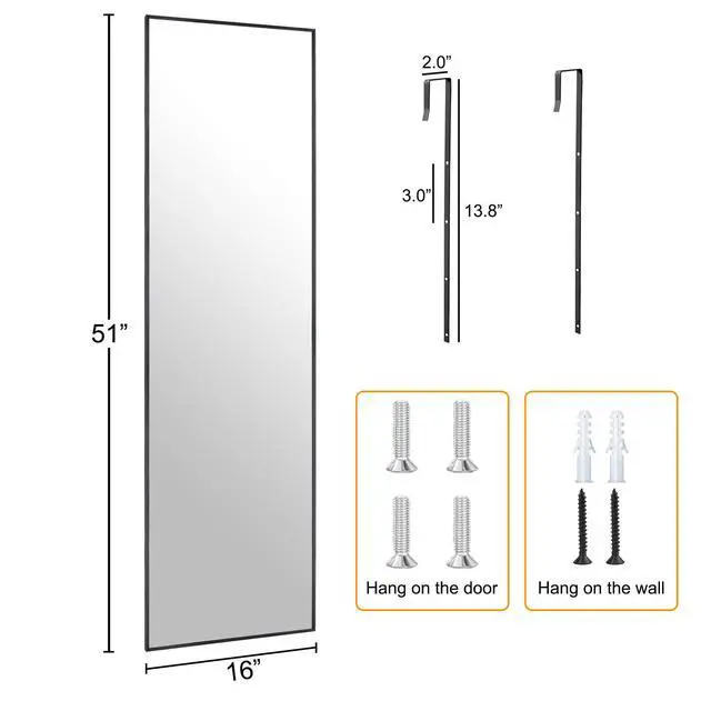 Alt view image 4 of 7 - Ruomeng 51x16 Inch Full Length Door Hanging Mirror, Rectangle Full Body Mirror Over The Door, Wall Mounted Metal Aluminum Framed, Tempered Glass Mirror for Bathroom Entryway Bedroom Living Room