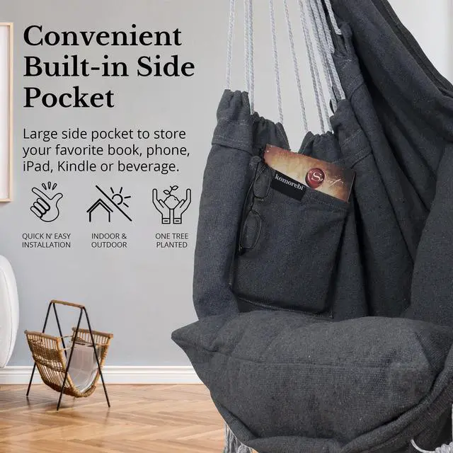 Alt view image 3 of 7 - KOMOREBI Hammock Chair - Grey - 60" x 47" - Hanging Rope Swing for Indoor & Outdoor - Soft & Durable Cotton Canvas - 2 Cushions Included - Large Macrame Hanging Chair for Bedroom, Patio, Porch
