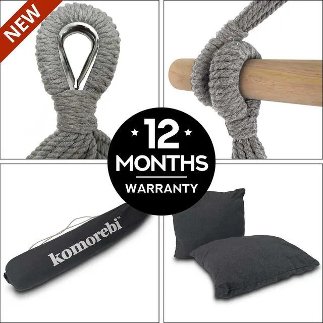 Alt view image 5 of 7 - KOMOREBI Hammock Chair - Grey - 60" x 47" - Hanging Rope Swing for Indoor & Outdoor - Soft & Durable Cotton Canvas - 2 Cushions Included - Large Macrame Hanging Chair for Bedroom, Patio, Porch