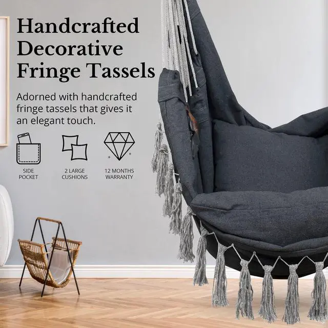 Alt view image 4 of 7 - KOMOREBI Hammock Chair - Grey - 60" x 47" - Hanging Rope Swing for Indoor & Outdoor - Soft & Durable Cotton Canvas - 2 Cushions Included - Large Macrame Hanging Chair for Bedroom, Patio, Porch
