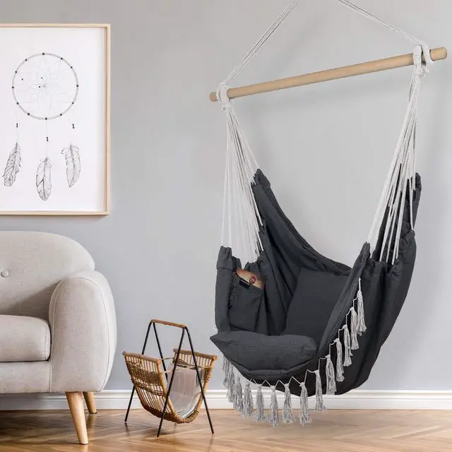 Alt view image 7 of 7 - KOMOREBI Hammock Chair - Grey - 60" x 47" - Hanging Rope Swing for Indoor & Outdoor - Soft & Durable Cotton Canvas - 2 Cushions Included - Large Macrame Hanging Chair for Bedroom, Patio, Porch