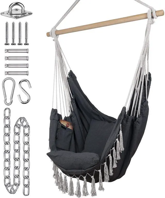 Main image of KOMOREBI Hammock Chair - Grey - 60" x 47" - Hanging Rope Swing for Indoor & Outdoor - Soft & Durable Cotton Canvas - 2 Cushions Included - Large Macrame Hanging Chair for Bedroom, Patio, Porch