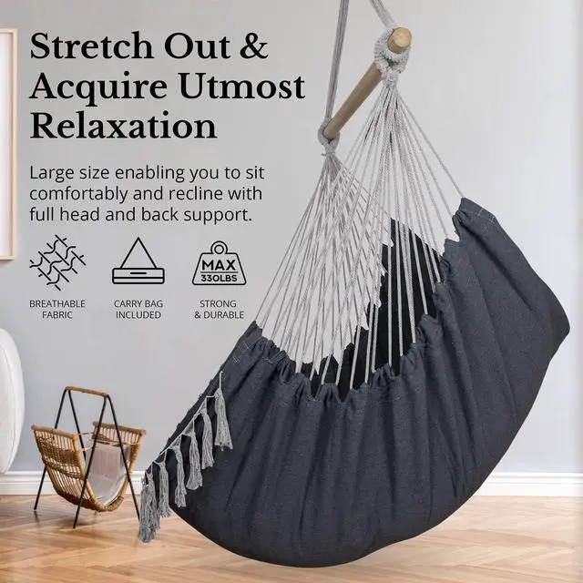 Alt view image 2 of 7 - KOMOREBI Hammock Chair - Grey - 60" x 47" - Hanging Rope Swing for Indoor & Outdoor - Soft & Durable Cotton Canvas - 2 Cushions Included - Large Macrame Hanging Chair for Bedroom, Patio, Porch