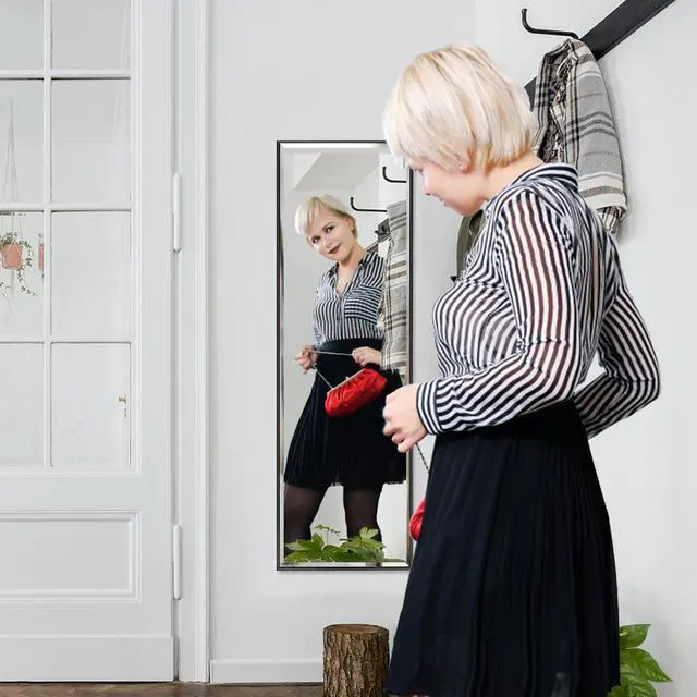 Alt view image 3 of 7 - PETAFLOP 14x48 Inch Full Length Mirror Wall Mounted, Large Body Door Mirror with Rectangular Framed for Bedroom Bathroom Living Room Decor, Black