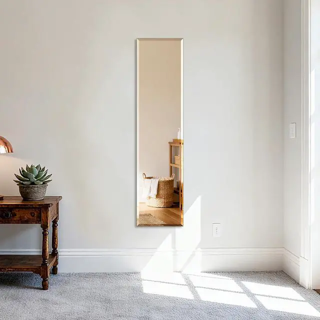 Alt view image 2 of 6 - Ruomeng Frameless Full Length Mirror for Wall, 48x12 Inch Bathroom Vanity Mirror Farmhouse, Large Rectangle Mirror with Beveled Edge, Tempered Glass, Hangs Horizontally or Vertically