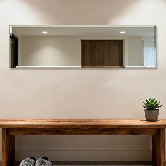 Alt view image 3 of 6 - Ruomeng Frameless Full Length Mirror for Wall, 48x12 Inch Bathroom Vanity Mirror Farmhouse, Large Rectangle Mirror with Beveled Edge, Tempered Glass, Hangs Horizontally or Vertically