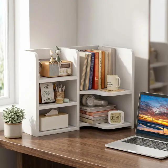 Alt view image 2 of 7 - KUHEITAER Desk Shelf,Small Bookshelf,Wooden Desk Hutch Desk Organizers,White Desktop Bookshelf and Accessories Storage Display Rack in Home Office Dorm,Freestanding Desk Shelf