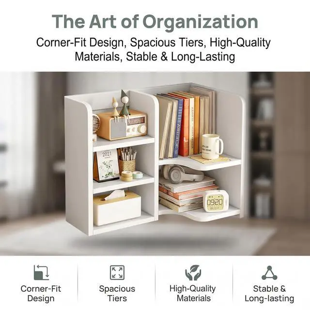 Alt view image 3 of 7 - KUHEITAER Desk Shelf,Small Bookshelf,Wooden Desk Hutch Desk Organizers,White Desktop Bookshelf and Accessories Storage Display Rack in Home Office Dorm,Freestanding Desk Shelf