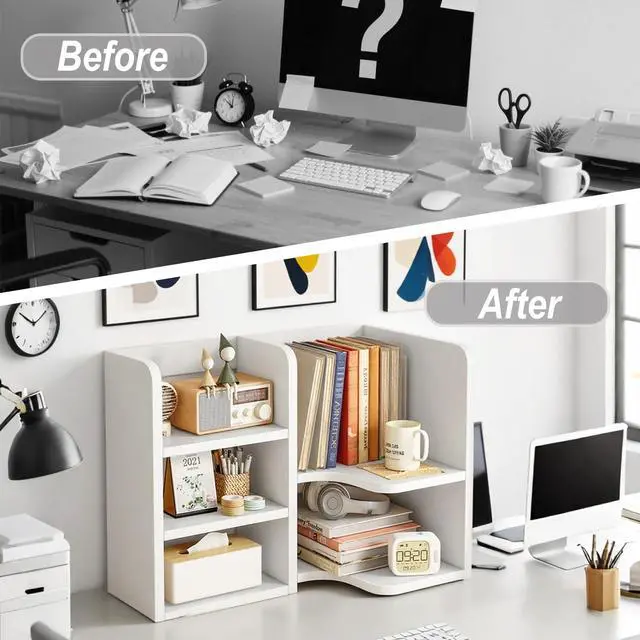 Alt view image 5 of 7 - KUHEITAER Desk Shelf,Small Bookshelf,Wooden Desk Hutch Desk Organizers,White Desktop Bookshelf and Accessories Storage Display Rack in Home Office Dorm,Freestanding Desk Shelf