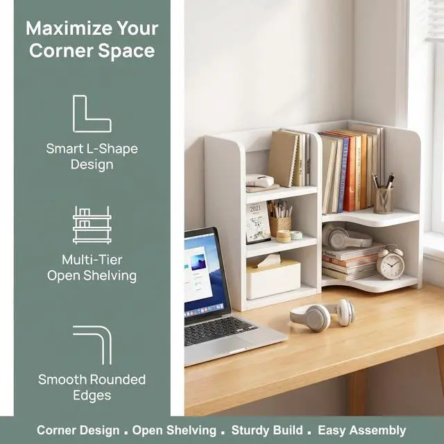 Alt view image 7 of 7 - KUHEITAER Desk Shelf,Small Bookshelf,Wooden Desk Hutch Desk Organizers,White Desktop Bookshelf and Accessories Storage Display Rack in Home Office Dorm,Freestanding Desk Shelf