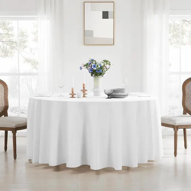 Alt view image 4 of 7 - Aocoz Round Tablecloth 120 Inch 6 Pack White Tablecloths Washable Decorative Linen Polyester Table Clothes Cover for Dining Table Banquets Buffet Parties and Wedding