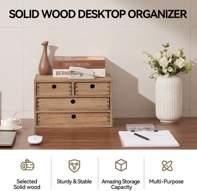 Alt view image 2 of 7 - KIRIGEN Wood Desktop Storage Cabinet with 4 Drawers, 3-Tier Desk Organizer for Letter-Size Paper, Mail, Home Office Supplies, Makeup, Crafts, Desk or Countertop, Fully Assembled, Brown WJG34-DBR