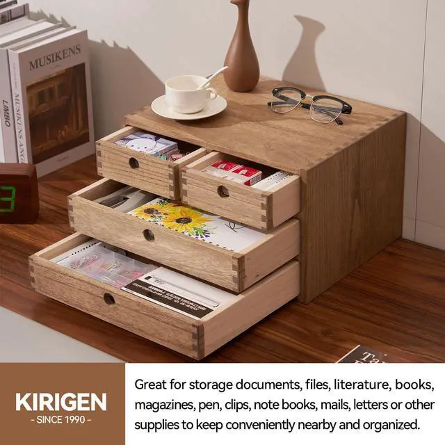 Alt view image 3 of 7 - KIRIGEN Wood Desktop Storage Cabinet with 4 Drawers, 3-Tier Desk Organizer for Letter-Size Paper, Mail, Home Office Supplies, Makeup, Crafts, Desk or Countertop, Fully Assembled, Brown WJG34-DBR