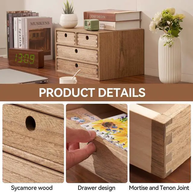Alt view image 4 of 7 - KIRIGEN Wood Desktop Storage Cabinet with 4 Drawers, 3-Tier Desk Organizer for Letter-Size Paper, Mail, Home Office Supplies, Makeup, Crafts, Desk or Countertop, Fully Assembled, Brown WJG34-DBR
