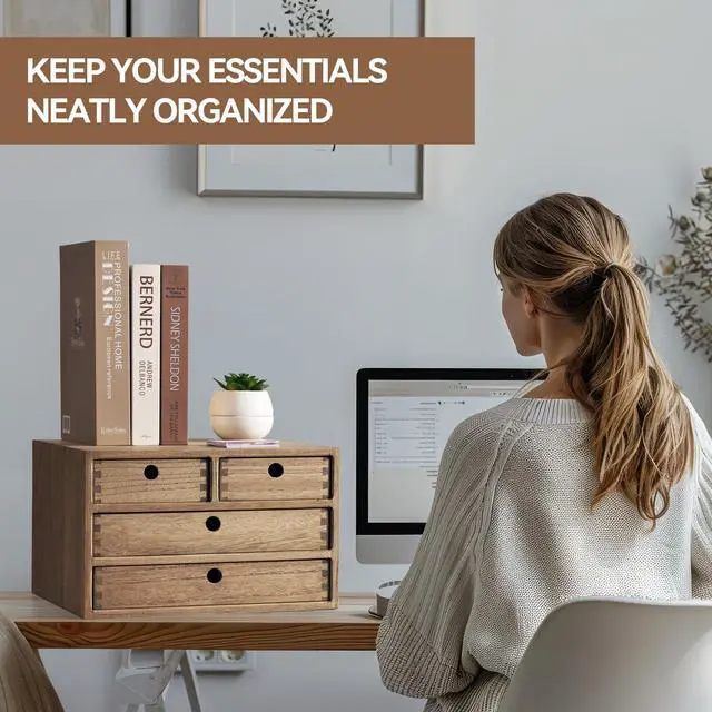 Alt view image 5 of 7 - KIRIGEN Wood Desktop Storage Cabinet with 4 Drawers, 3-Tier Desk Organizer for Letter-Size Paper, Mail, Home Office Supplies, Makeup, Crafts, Desk or Countertop, Fully Assembled, Brown WJG34-DBR