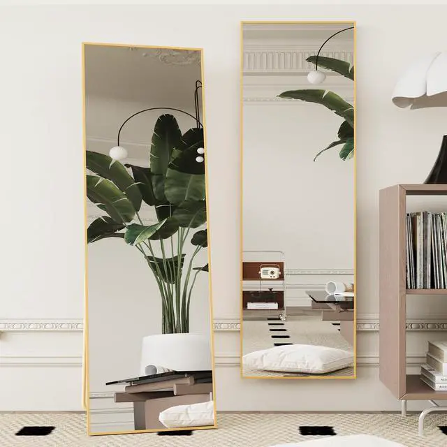 Main image of Beauty4U 59" x 16" Tall Full Length Mirror with Stand, Gold Wall Mounting Full Body Mirror, Metal Frame Full-Length Tempered Mirror for Living Room, Bedroom