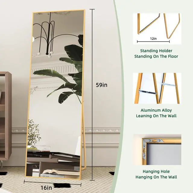 Alt view image 2 of 7 - Beauty4U 59" x 16" Tall Full Length Mirror with Stand, Gold Wall Mounting Full Body Mirror, Metal Frame Full-Length Tempered Mirror for Living Room, Bedroom