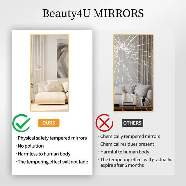 Alt view image 3 of 7 - Beauty4U 59" x 16" Tall Full Length Mirror with Stand, Gold Wall Mounting Full Body Mirror, Metal Frame Full-Length Tempered Mirror for Living Room, Bedroom