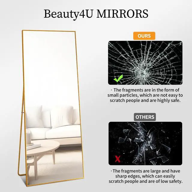 Alt view image 4 of 7 - Beauty4U 59" x 16" Tall Full Length Mirror with Stand, Gold Wall Mounting Full Body Mirror, Metal Frame Full-Length Tempered Mirror for Living Room, Bedroom