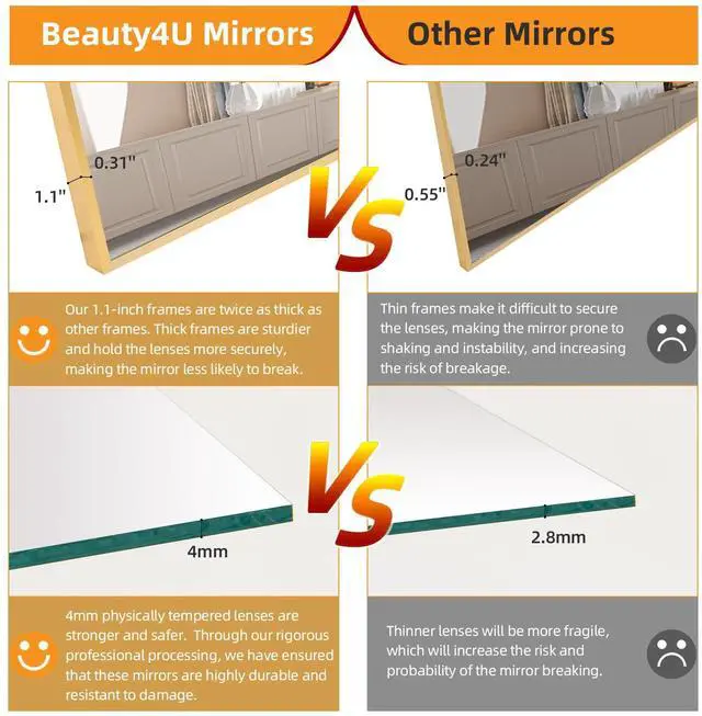 Alt view image 5 of 7 - Beauty4U 59" x 16" Tall Full Length Mirror with Stand, Gold Wall Mounting Full Body Mirror, Metal Frame Full-Length Tempered Mirror for Living Room, Bedroom
