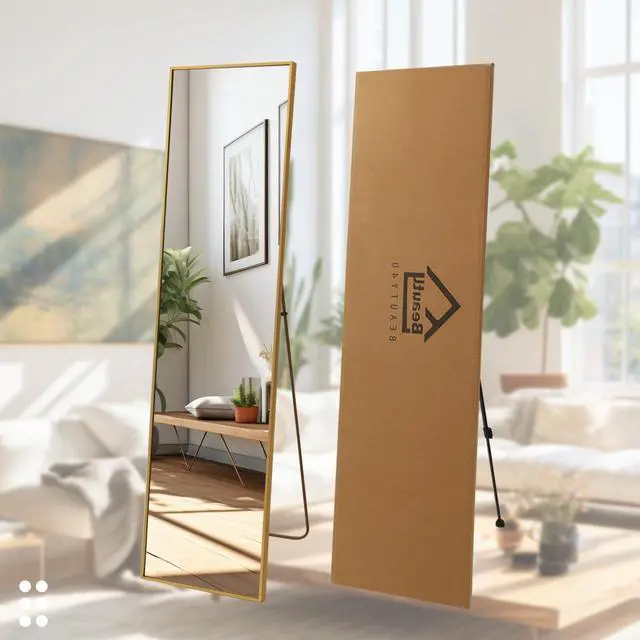 Alt view image 7 of 7 - Beauty4U 59" x 16" Tall Full Length Mirror with Stand, Gold Wall Mounting Full Body Mirror, Metal Frame Full-Length Tempered Mirror for Living Room, Bedroom