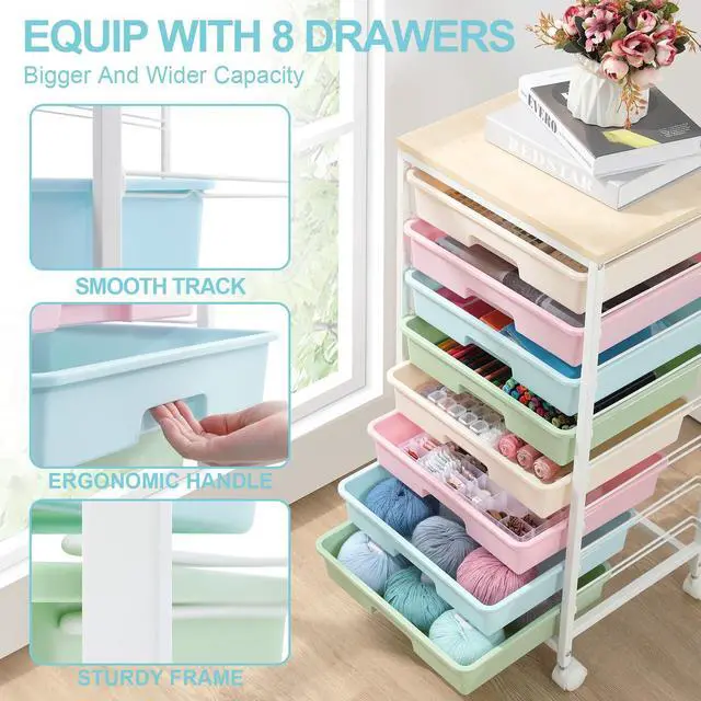 Alt view image 2 of 7 - SYKIARIOL Rolling Storage Cart with Drawers,Utility Cart With 8 Drawers and Wooden Tabletop,Rolling Drawer Cart,Storage Drawer Cart for Living Room,Classroom,Bedroom,Bathroom,Dorm,Office,Rainbow
