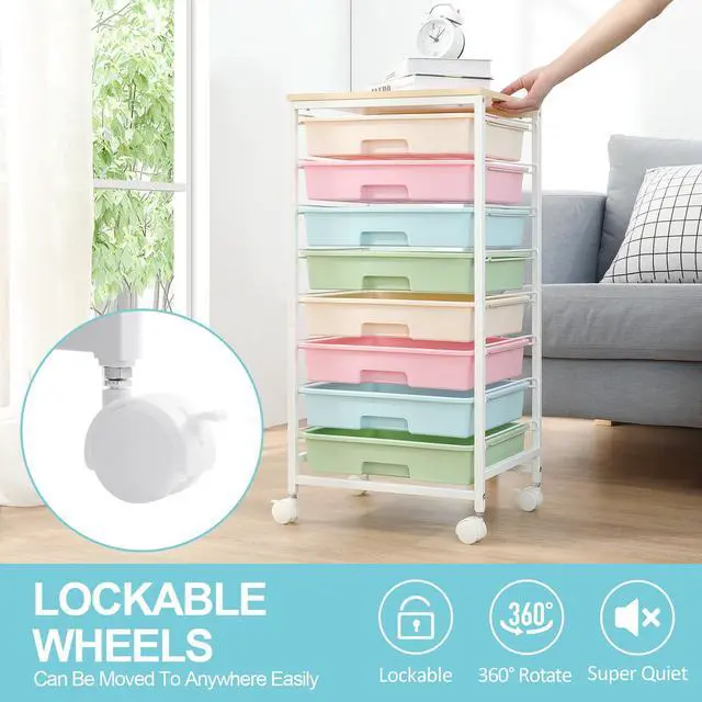 Alt view image 3 of 7 - SYKIARIOL Rolling Storage Cart with Drawers,Utility Cart With 8 Drawers and Wooden Tabletop,Rolling Drawer Cart,Storage Drawer Cart for Living Room,Classroom,Bedroom,Bathroom,Dorm,Office,Rainbow