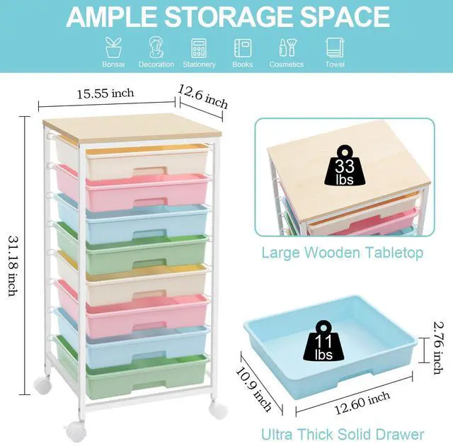 Alt view image 5 of 7 - SYKIARIOL Rolling Storage Cart with Drawers,Utility Cart With 8 Drawers and Wooden Tabletop,Rolling Drawer Cart,Storage Drawer Cart for Living Room,Classroom,Bedroom,Bathroom,Dorm,Office,Rainbow