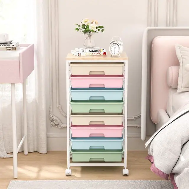 Alt view image 6 of 7 - SYKIARIOL Rolling Storage Cart with Drawers,Utility Cart With 8 Drawers and Wooden Tabletop,Rolling Drawer Cart,Storage Drawer Cart for Living Room,Classroom,Bedroom,Bathroom,Dorm,Office,Rainbow