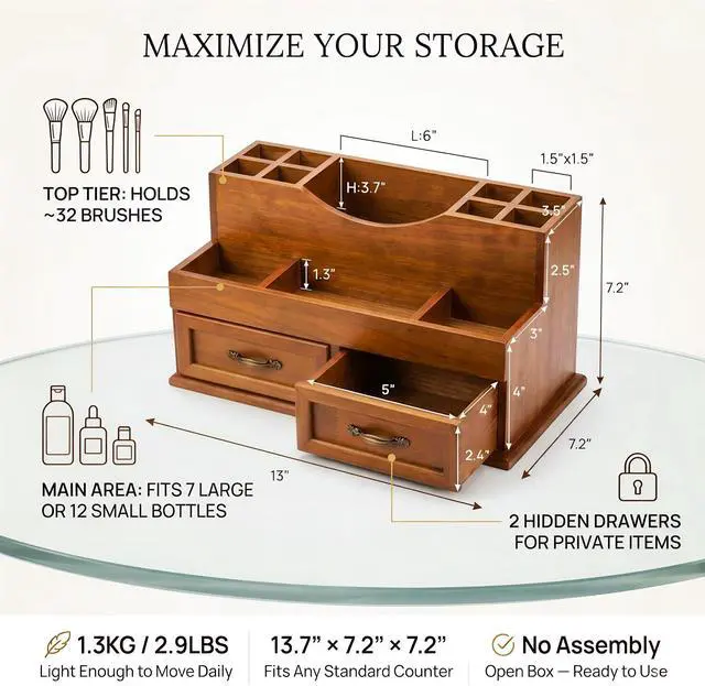 Alt view image 2 of 7 - Krdrgey Rustic Wood Makeup Organizer with 2 Drawers, Vintage Tabletop Storage Box for Perfume, Skincare and Beauty Supplies, Thick Wood Design for Office, Bathroom, or Countertop