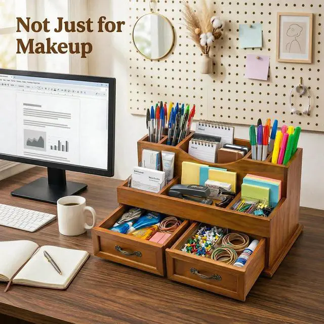 Alt view image 4 of 7 - Krdrgey Rustic Wood Makeup Organizer with 2 Drawers, Vintage Tabletop Storage Box for Perfume, Skincare and Beauty Supplies, Thick Wood Design for Office, Bathroom, or Countertop