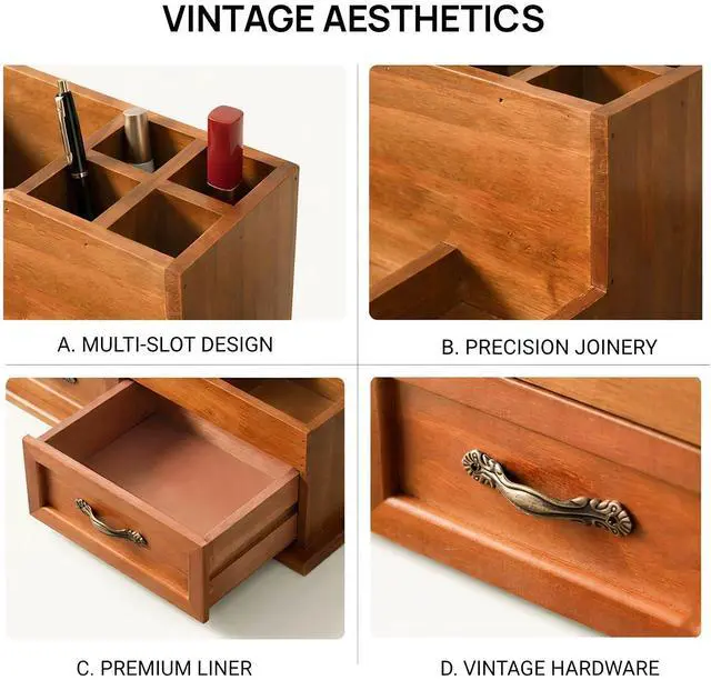 Alt view image 5 of 7 - Krdrgey Rustic Wood Makeup Organizer with 2 Drawers, Vintage Tabletop Storage Box for Perfume, Skincare and Beauty Supplies, Thick Wood Design for Office, Bathroom, or Countertop