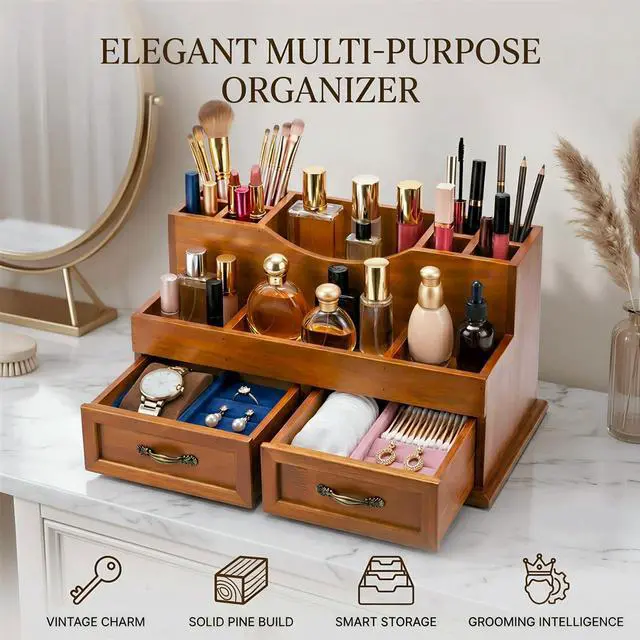 Alt view image 7 of 7 - Krdrgey Rustic Wood Makeup Organizer with 2 Drawers, Vintage Tabletop Storage Box for Perfume, Skincare and Beauty Supplies, Thick Wood Design for Office, Bathroom, or Countertop