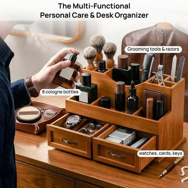 Alt view image 6 of 7 - Krdrgey Rustic Wood Makeup Organizer with 2 Drawers, Vintage Tabletop Storage Box for Perfume, Skincare and Beauty Supplies, Thick Wood Design for Office, Bathroom, or Countertop
