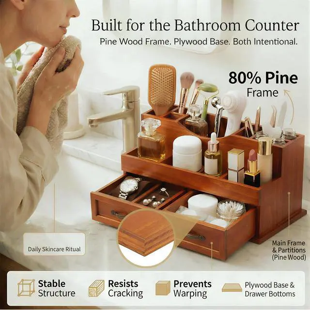 Alt view image 3 of 7 - Krdrgey Rustic Wood Makeup Organizer with 2 Drawers, Vintage Tabletop Storage Box for Perfume, Skincare and Beauty Supplies, Thick Wood Design for Office, Bathroom, or Countertop