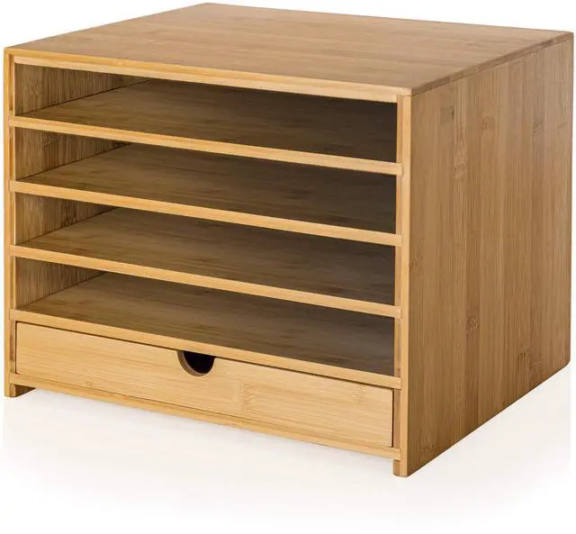 Main image of Prosumer's Choice Bamboo Four Cubby Paper Letter Tray Organizer with Single Pull-Out Drawer for Home and Office | Desktop Organizer with Drawer - Natural Bamboo Color