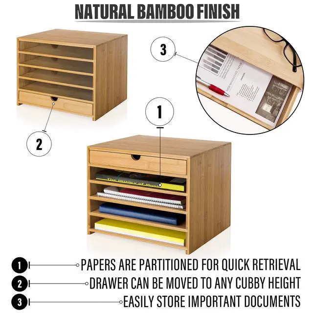 Alt view image 3 of 5 - Prosumer's Choice Bamboo Four Cubby Paper Letter Tray Organizer with Single Pull-Out Drawer for Home and Office | Desktop Organizer with Drawer - Natural Bamboo Color