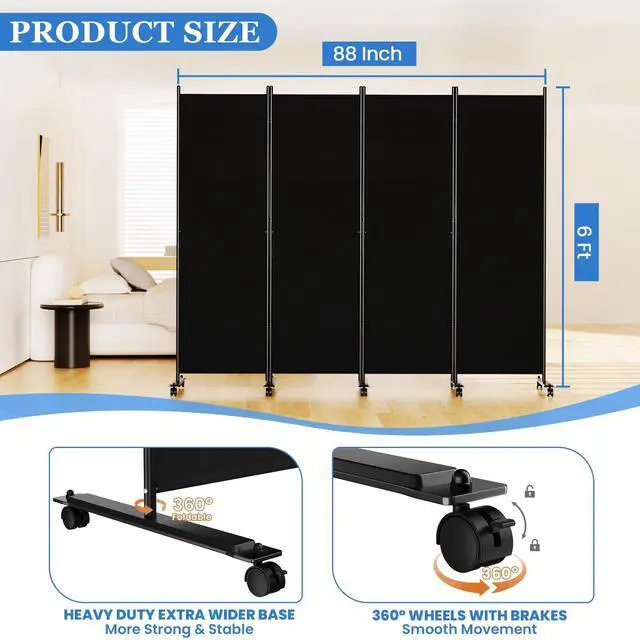 Alt view image 2 of 7 - SUNALLY Room Divider 6FT Folding Privacy Screens with Lockable Wheels, 4 Panel Room Partition for Room Separator, 88" W Freestanding Portable Fabric Wall Dividers for Home Dorm Studio Office, Black