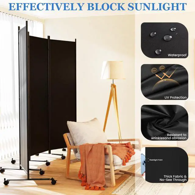 Alt view image 3 of 7 - SUNALLY Room Divider 6FT Folding Privacy Screens with Lockable Wheels, 4 Panel Room Partition for Room Separator, 88" W Freestanding Portable Fabric Wall Dividers for Home Dorm Studio Office, Black