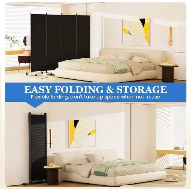 Alt view image 5 of 7 - SUNALLY Room Divider 6FT Folding Privacy Screens with Lockable Wheels, 4 Panel Room Partition for Room Separator, 88" W Freestanding Portable Fabric Wall Dividers for Home Dorm Studio Office, Black