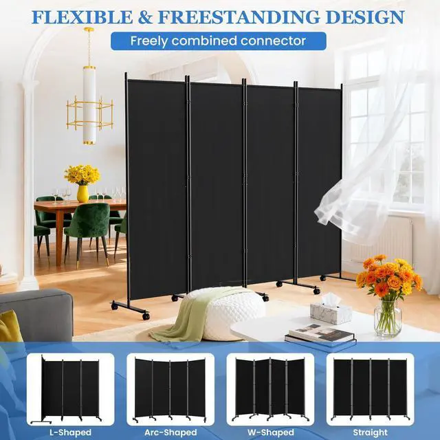 Alt view image 4 of 7 - SUNALLY Room Divider 6FT Folding Privacy Screens with Lockable Wheels, 4 Panel Room Partition for Room Separator, 88" W Freestanding Portable Fabric Wall Dividers for Home Dorm Studio Office, Black