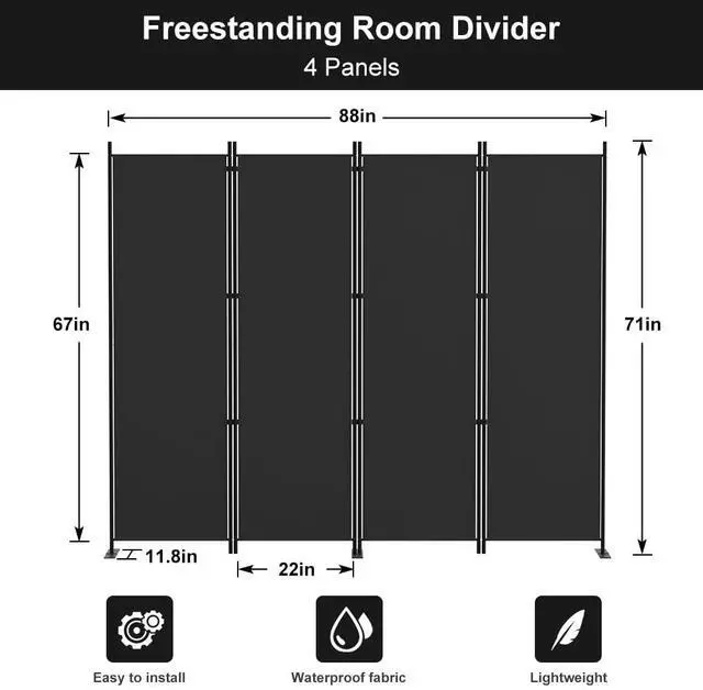Alt view image 2 of 7 - Kokorona 4 Panel Room Divider, 6FT Tall Folding Privacy Screen Wall Dividers, Portable Privacy Screen Freestanding Room Divider for Room Separation, Included - Cover Strips, Black, 88''W x 71''H