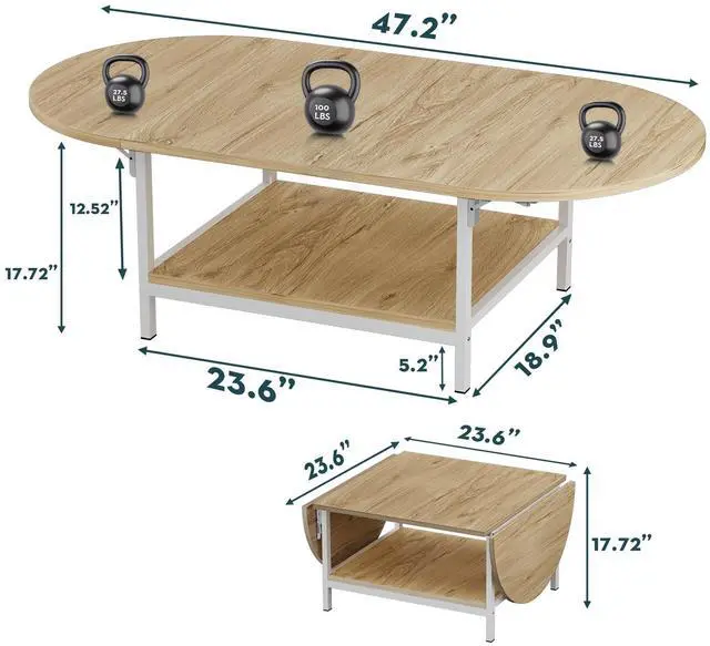 Alt view image 2 of 7 - SAYGOER Modern Coffee Table 2-Tier Extended Coffee Tables for Living Room 2-Tier Small Extended Table with Storage White Center Table for Large or Small Spaces, Foldable, Oak