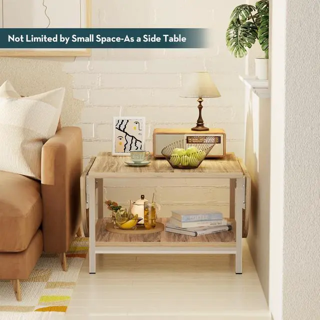 Alt view image 5 of 7 - SAYGOER Modern Coffee Table 2-Tier Extended Coffee Tables for Living Room 2-Tier Small Extended Table with Storage White Center Table for Large or Small Spaces, Foldable, Oak