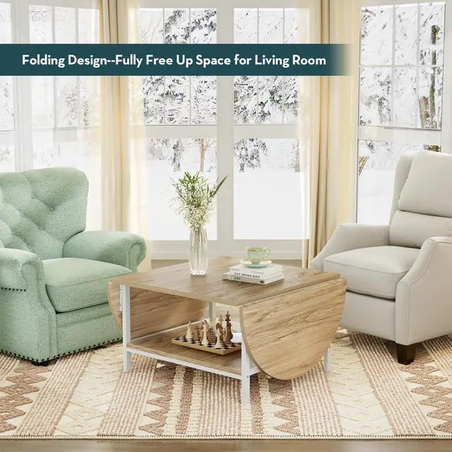 Alt view image 7 of 7 - SAYGOER Modern Coffee Table 2-Tier Extended Coffee Tables for Living Room 2-Tier Small Extended Table with Storage White Center Table for Large or Small Spaces, Foldable, Oak